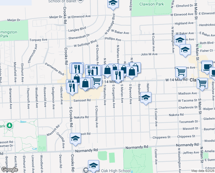 map of restaurants, bars, coffee shops, grocery stores, and more near 37 South Manitou Avenue in Clawson
