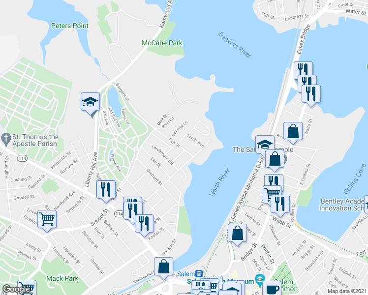 map of restaurants, bars, coffee shops, grocery stores, and more near 26 Felt Street in Salem