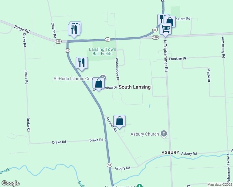 map of restaurants, bars, coffee shops, grocery stores, and more near 10 Cayuga Vista Drive in Lansing