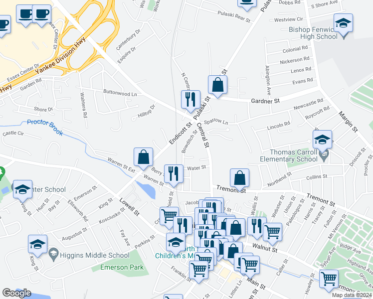 map of restaurants, bars, coffee shops, grocery stores, and more near 26 Bowditch Street in Peabody