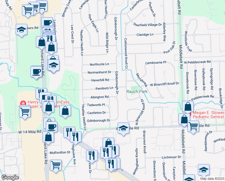 map of restaurants, bars, coffee shops, grocery stores, and more near 5523 Pembury in West Bloomfield Township