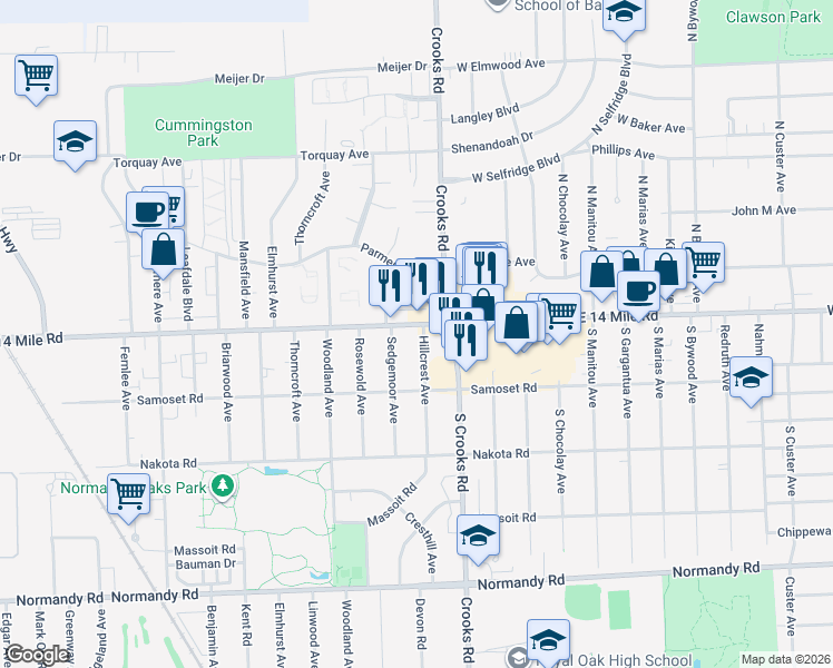 map of restaurants, bars, coffee shops, grocery stores, and more near 1805 West 14 Mile Road in Royal Oak