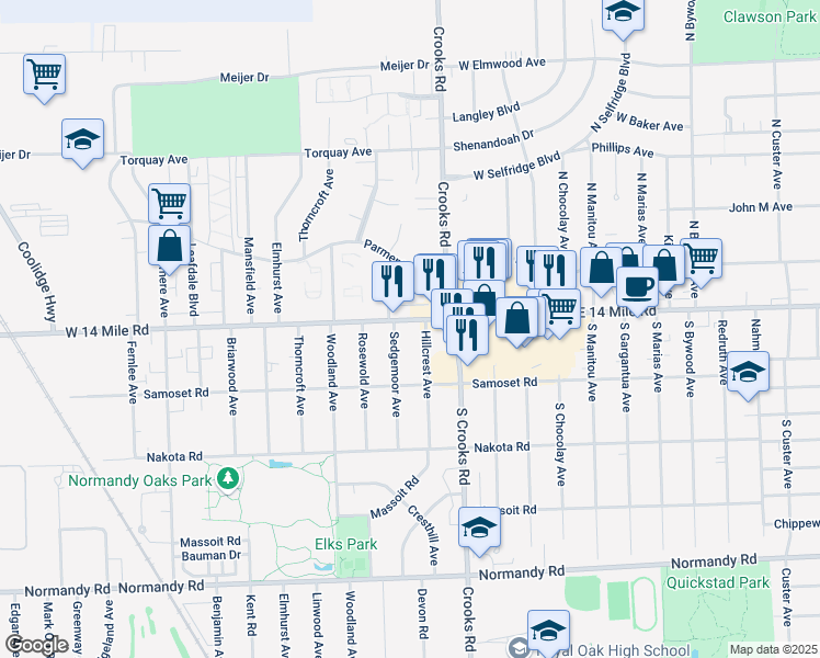 map of restaurants, bars, coffee shops, grocery stores, and more near 1819 West 14 Mile Road in Royal Oak