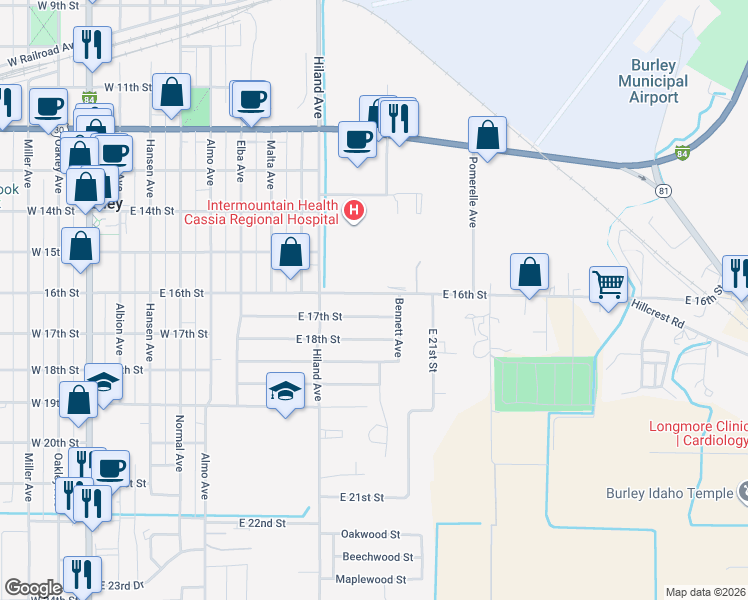 map of restaurants, bars, coffee shops, grocery stores, and more near 1101 East 16th Street in Burley