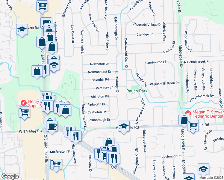 map of restaurants, bars, coffee shops, grocery stores, and more near 5523 Pembury in West Bloomfield Township