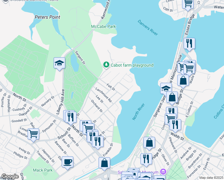 map of restaurants, bars, coffee shops, grocery stores, and more near 5 Claremont Road in Salem