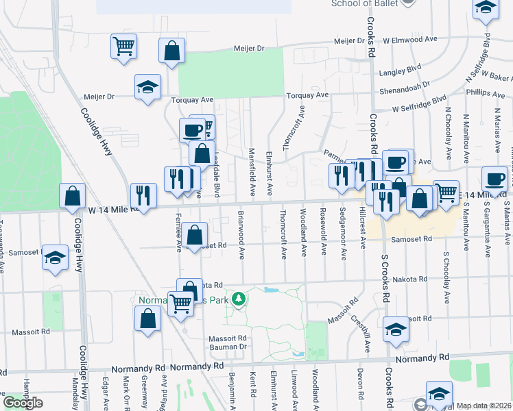map of restaurants, bars, coffee shops, grocery stores, and more near 2303 West 14 Mile Road in Royal Oak