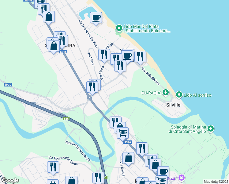 map of restaurants, bars, coffee shops, grocery stores, and more near 162 Via Saline in Silvi