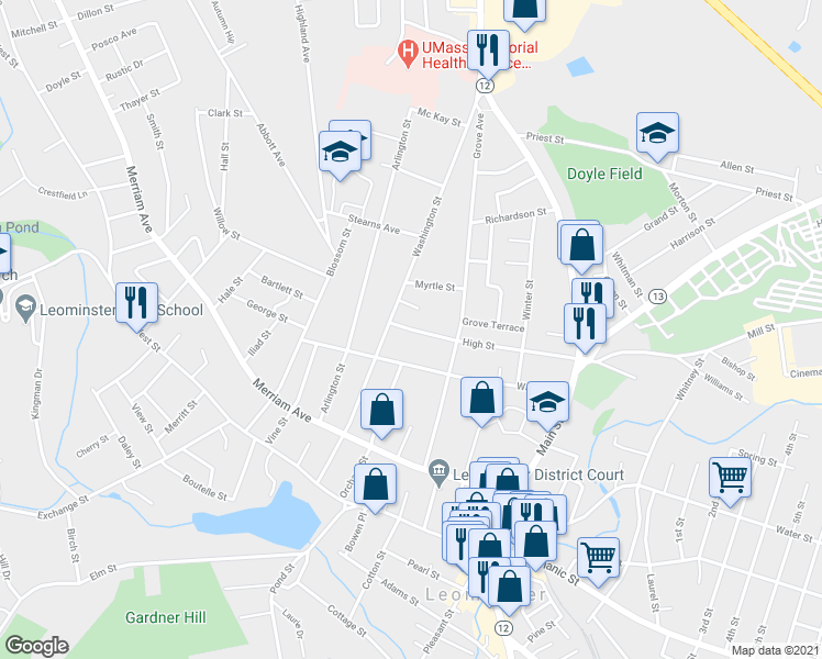 map of restaurants, bars, coffee shops, grocery stores, and more near 138 High Street in Leominster