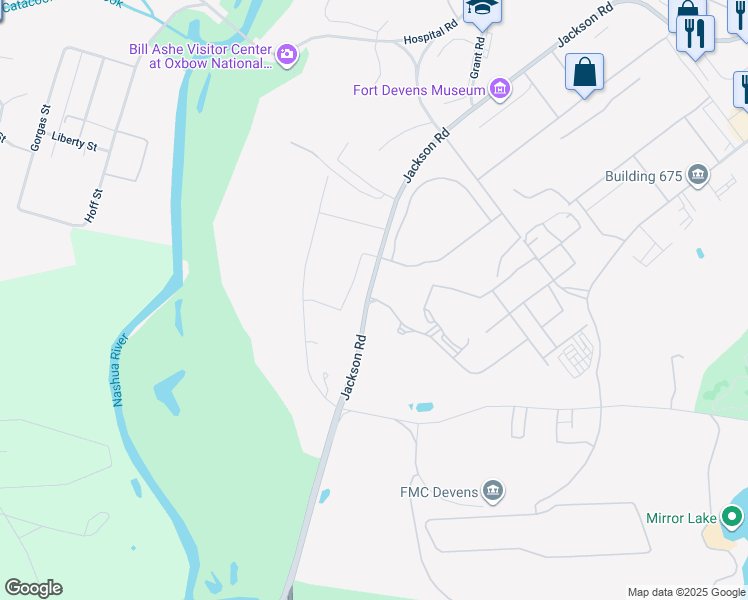 map of restaurants, bars, coffee shops, grocery stores, and more near 38 Jackson Road in Harvard