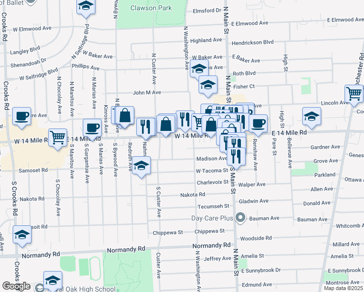 map of restaurants, bars, coffee shops, grocery stores, and more near 255 West 14 Mile Road in Clawson