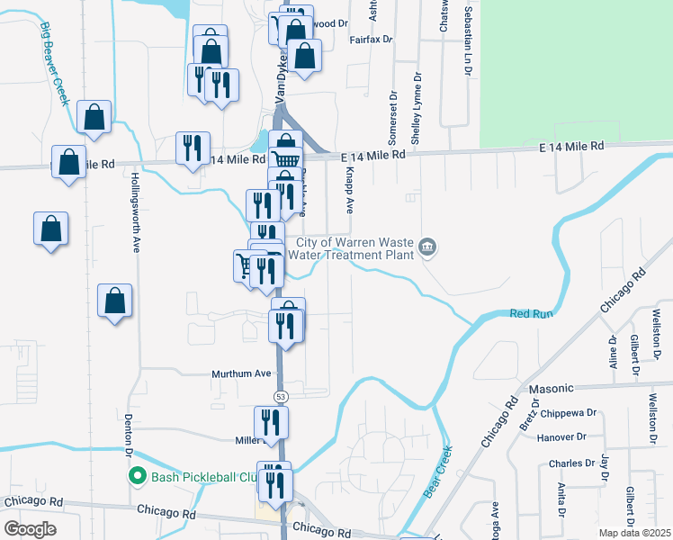 map of restaurants, bars, coffee shops, grocery stores, and more near 32438 Linderman Avenue in Warren