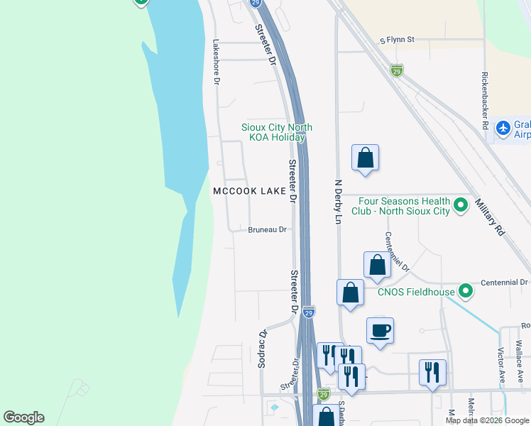 map of restaurants, bars, coffee shops, grocery stores, and more near 143 Bruneau Drive in North Sioux City