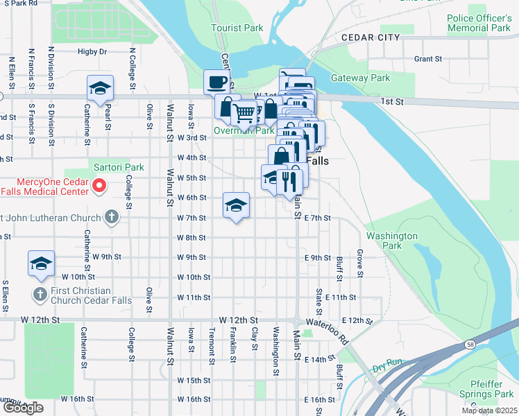 map of restaurants, bars, coffee shops, grocery stores, and more near 616 Clay Street in Cedar Falls