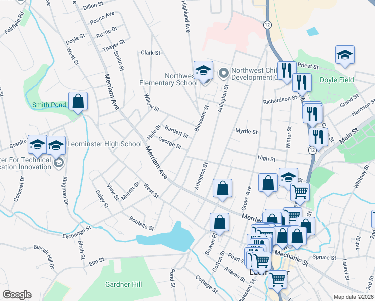 map of restaurants, bars, coffee shops, grocery stores, and more near 1 George Street in Leominster