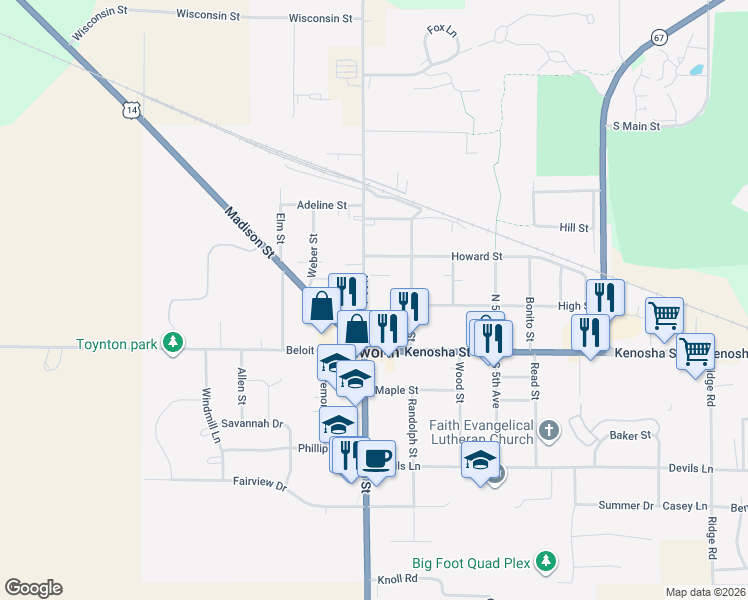 map of restaurants, bars, coffee shops, grocery stores, and more near 226 North Main Street in Walworth