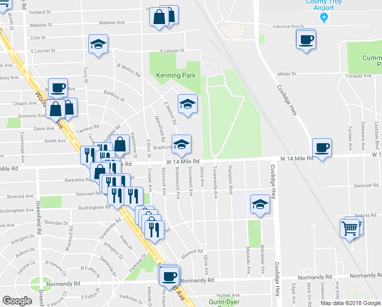 map of restaurants, bars, coffee shops, grocery stores, and more near 2225 East 14 Mile Road in Birmingham