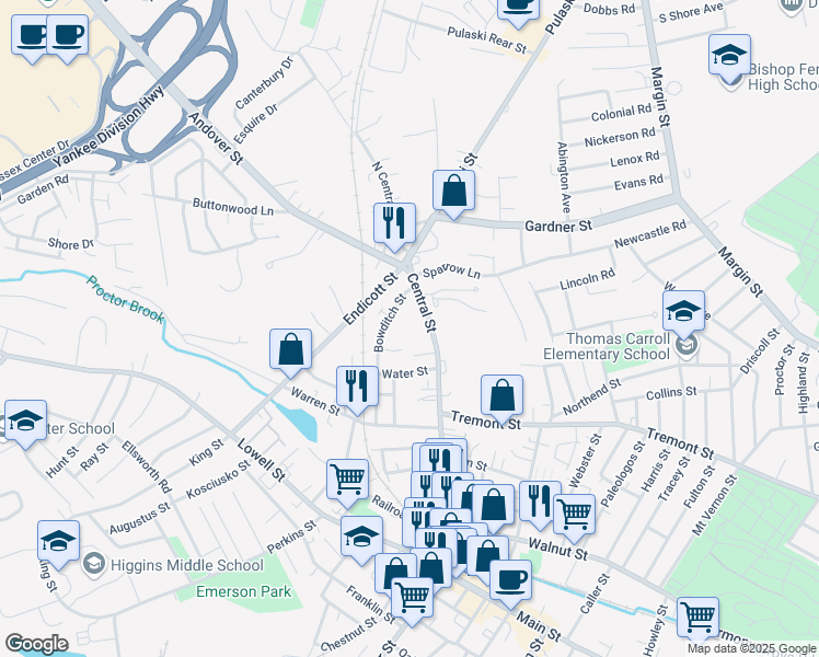 map of restaurants, bars, coffee shops, grocery stores, and more near 2 Victor Circle in Peabody