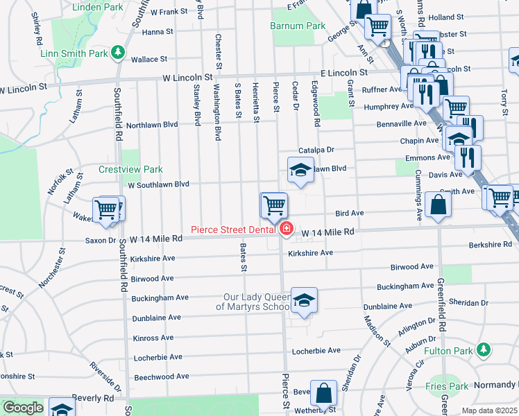 map of restaurants, bars, coffee shops, grocery stores, and more near 1885 Henrietta Street in Birmingham