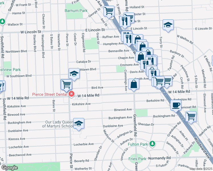 map of restaurants, bars, coffee shops, grocery stores, and more near 695 Bird Avenue in Birmingham