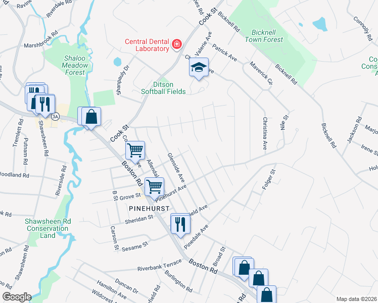 map of restaurants, bars, coffee shops, grocery stores, and more near 27 Glenvale Avenue in Billerica
