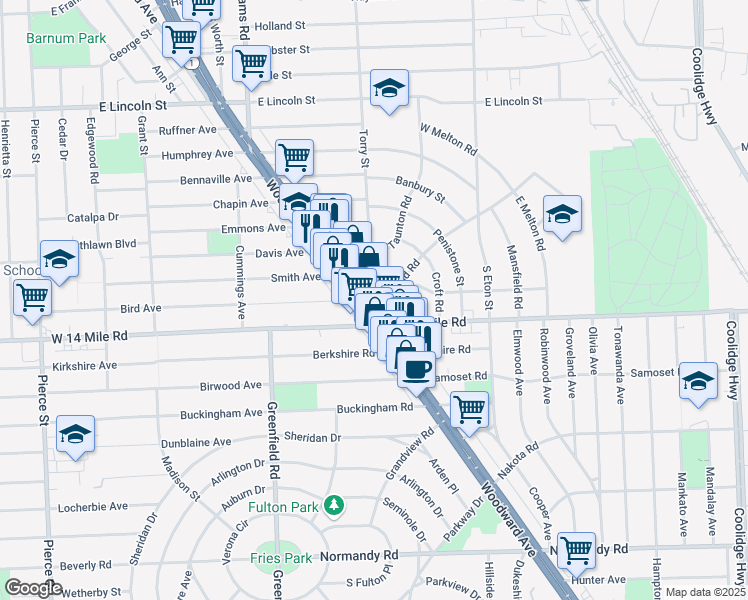 map of restaurants, bars, coffee shops, grocery stores, and more near 33101 Woodward Avenue in Birmingham