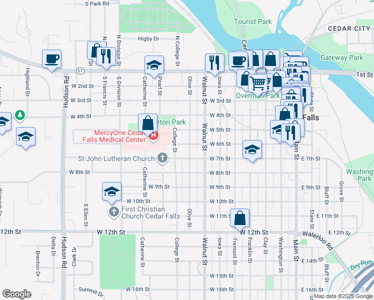map of restaurants, bars, coffee shops, grocery stores, and more near 609 Olive Street in Cedar Falls