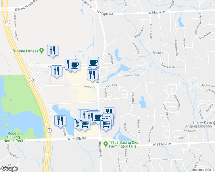 map of restaurants, bars, coffee shops, grocery stores, and more near Lawrence in West Bloomfield Township