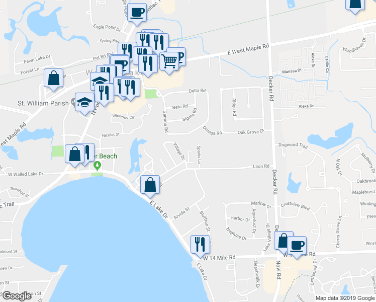 map of restaurants, bars, coffee shops, grocery stores, and more near Riviera Court in Walled Lake