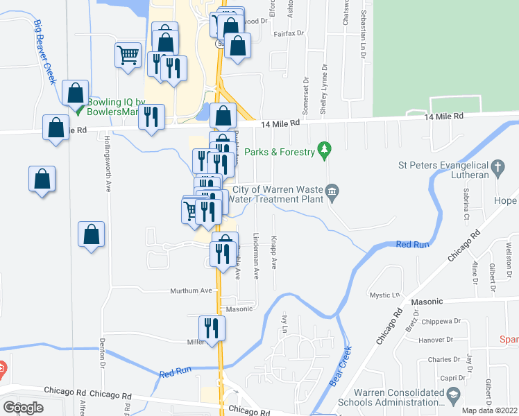map of restaurants, bars, coffee shops, grocery stores, and more near 32470 Linderman Avenue in Warren