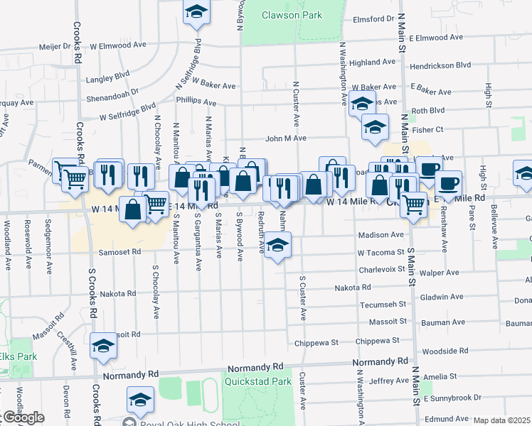 map of restaurants, bars, coffee shops, grocery stores, and more near 46 Redruth Avenue in Clawson