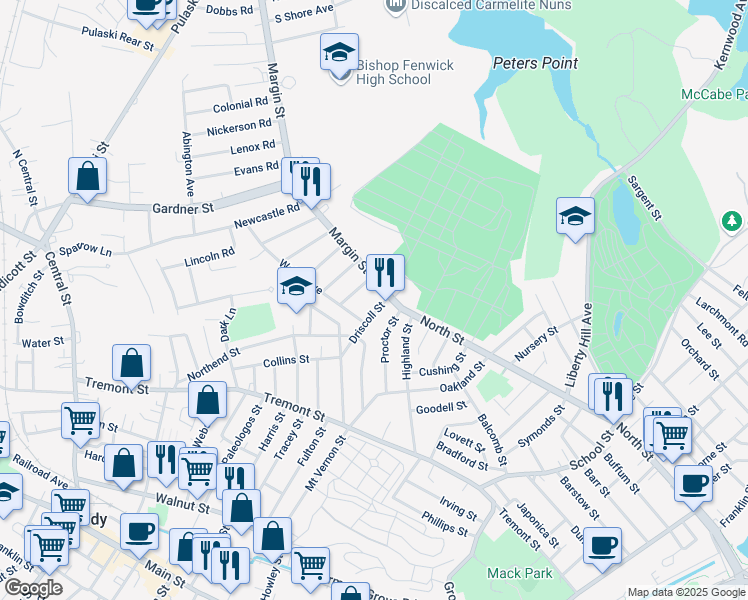 map of restaurants, bars, coffee shops, grocery stores, and more near 63 Driscoll Street in Peabody