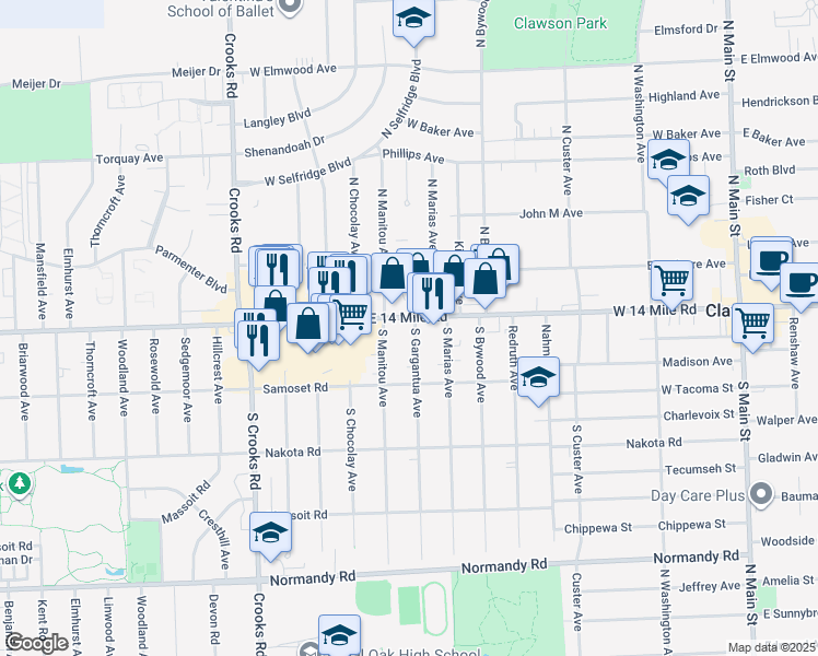 map of restaurants, bars, coffee shops, grocery stores, and more near 37 South Manitou Avenue in Clawson