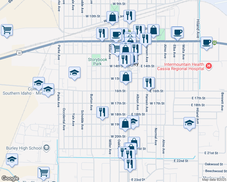 map of restaurants, bars, coffee shops, grocery stores, and more near 1618 Miller Avenue in Burley