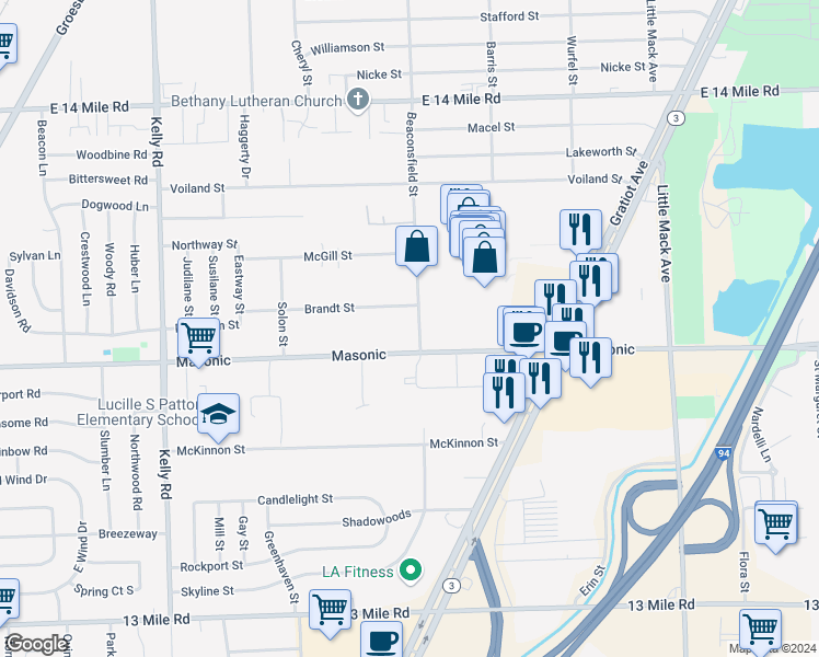 map of restaurants, bars, coffee shops, grocery stores, and more near 19575 Masonic in Roseville
