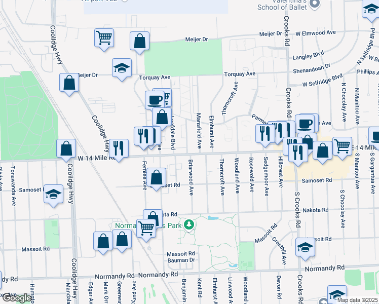 map of restaurants, bars, coffee shops, grocery stores, and more near 2415 West 14 Mile Road in Royal Oak