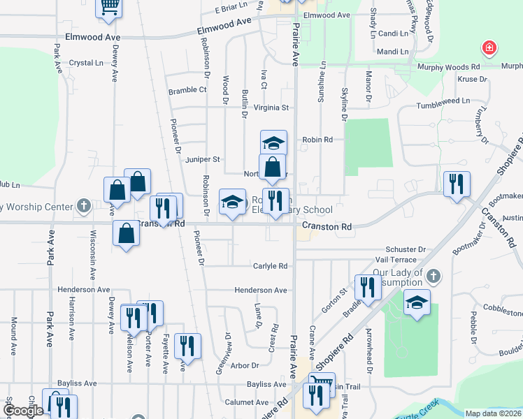 map of restaurants, bars, coffee shops, grocery stores, and more near 1851 Cranston Road in Beloit