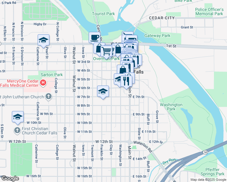 map of restaurants, bars, coffee shops, grocery stores, and more near 616 Clay Street in Cedar Falls