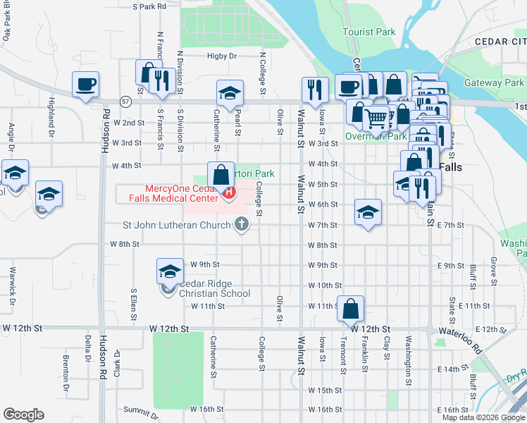 map of restaurants, bars, coffee shops, grocery stores, and more near 615 College Street in Cedar Falls