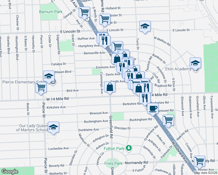 map of restaurants, bars, coffee shops, grocery stores, and more near 1166 Bird Avenue in Birmingham