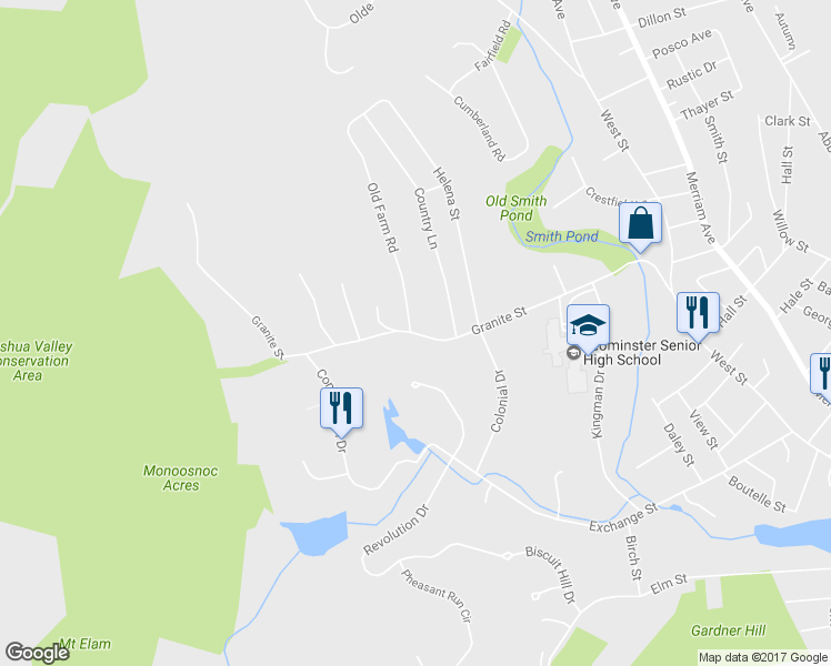 map of restaurants, bars, coffee shops, grocery stores, and more near 222 Granite Street in Leominster
