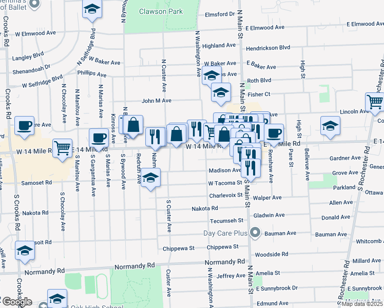 map of restaurants, bars, coffee shops, grocery stores, and more near 255 West 14 Mile Road in Clawson