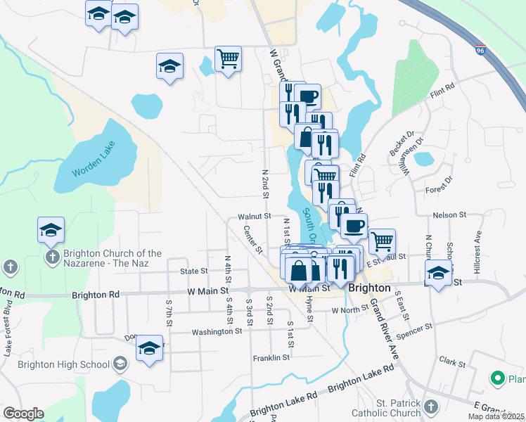 map of restaurants, bars, coffee shops, grocery stores, and more near 615 Walnut Street in Brighton