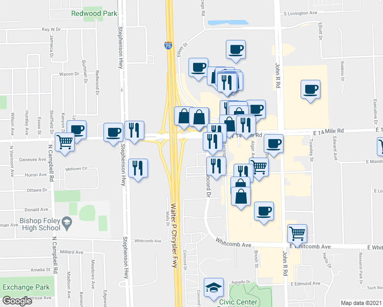 map of restaurants, bars, coffee shops, grocery stores, and more near 32800 Concord Drive in Madison Heights