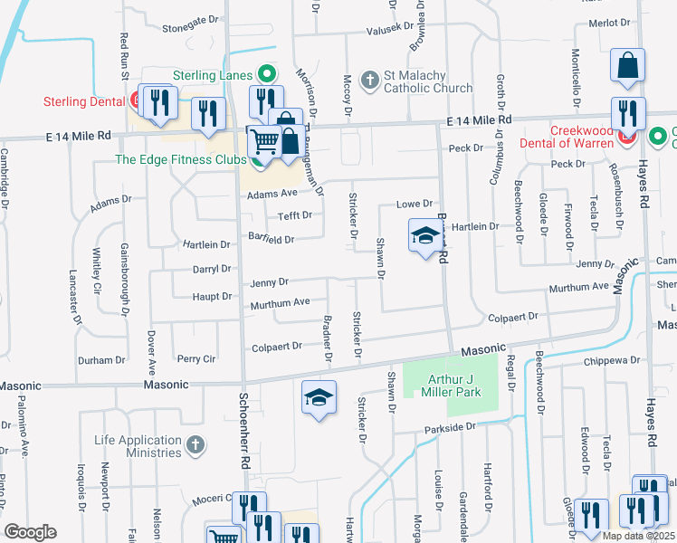 map of restaurants, bars, coffee shops, grocery stores, and more near 32224 Bradner Drive in Warren