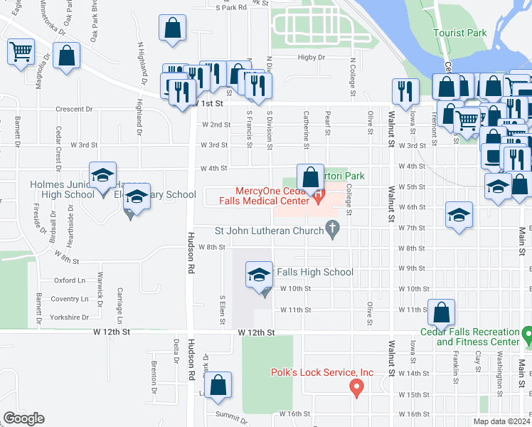 map of restaurants, bars, coffee shops, grocery stores, and more near 603 South Division Street in Cedar Falls