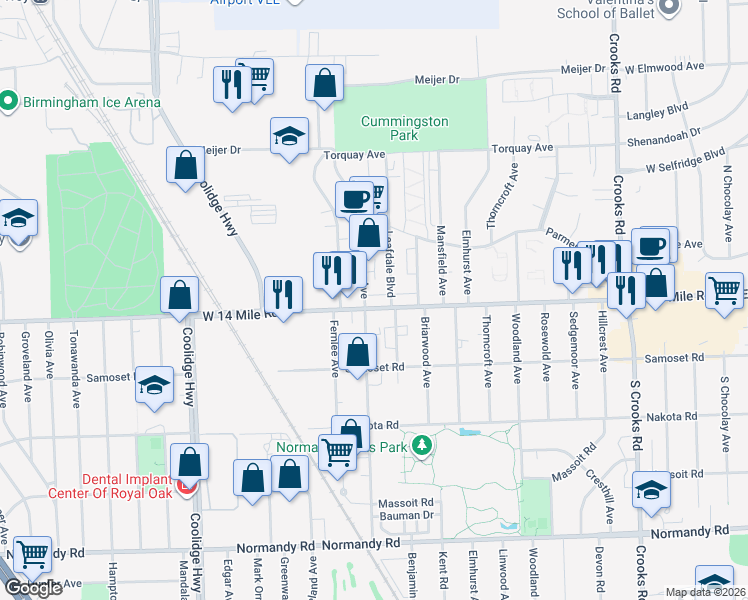 map of restaurants, bars, coffee shops, grocery stores, and more near 2525 West 14 Mile Road in Royal Oak