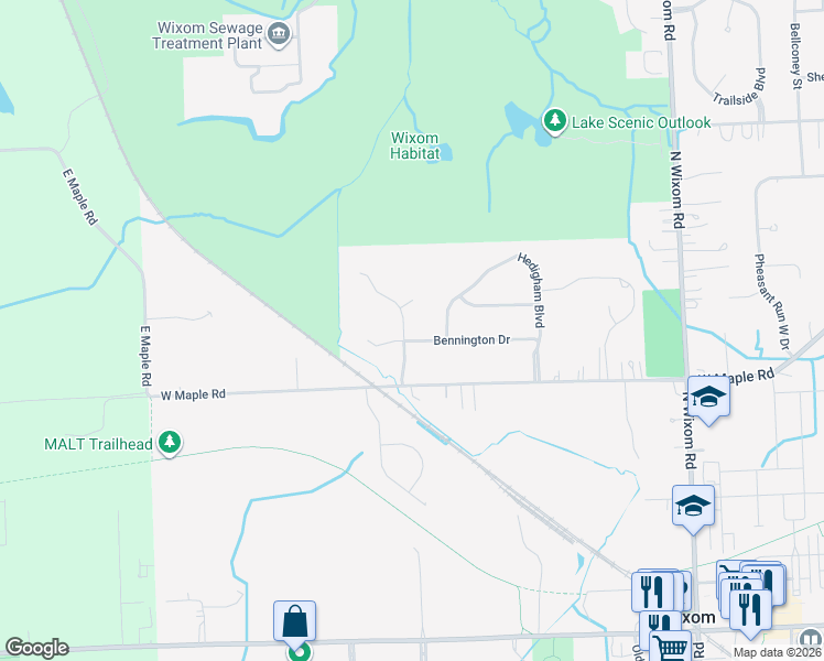 map of restaurants, bars, coffee shops, grocery stores, and more near 3283 Bennington Drive in Wixom