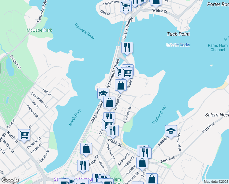 map of restaurants, bars, coffee shops, grocery stores, and more near 50 Bridge Street in Salem