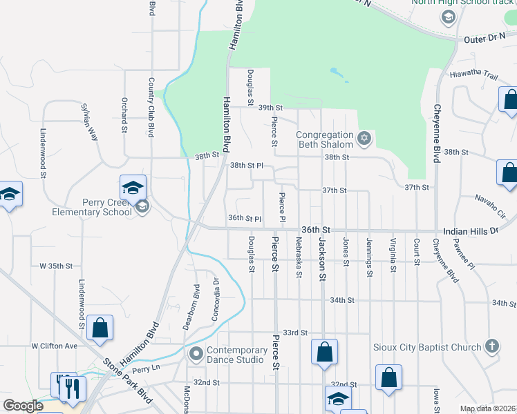 map of restaurants, bars, coffee shops, grocery stores, and more near 325 36th Street Place in Sioux City